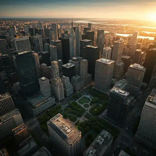 Aerial view of a city skyline at sunset