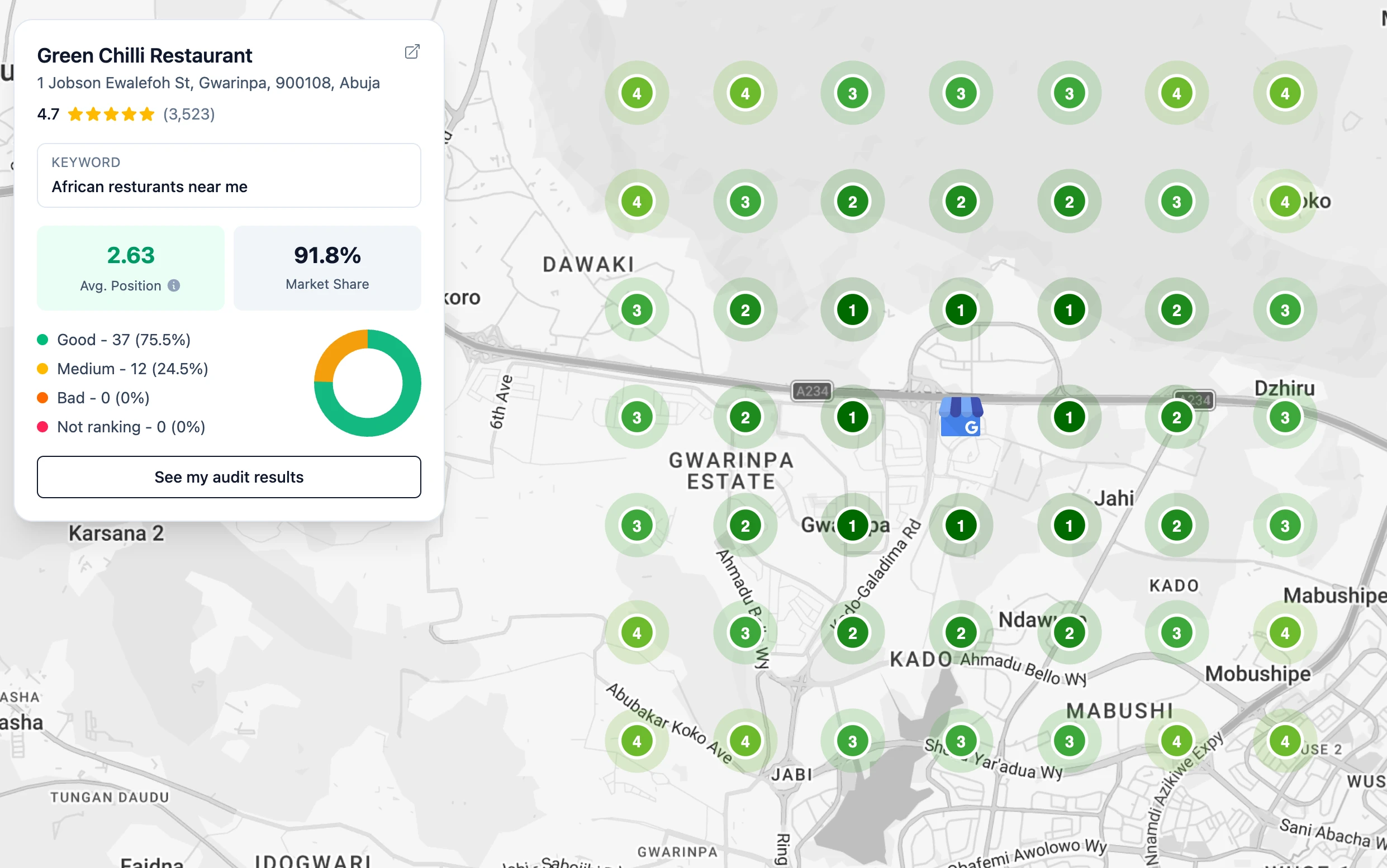 Google Maps grid ranking heatmap showing top positions across the locality